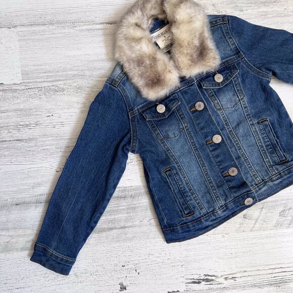 Soho Blue Girls Denim Jacket 5 Blue Button Front Removable Faux Fur Collar Fall - Picture 5 of 7